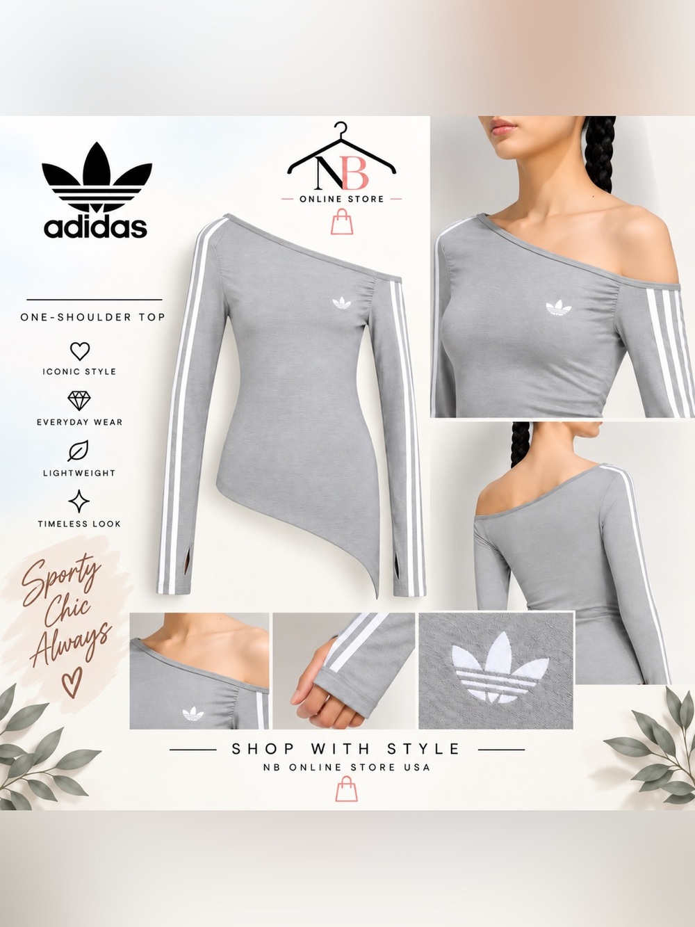 adidas Light Gray One-Shoulder Long Sleeve Tunic